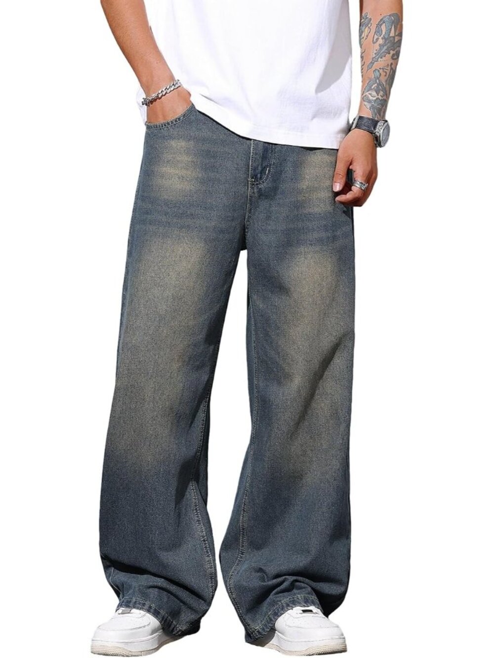 Men's Retro Blue Wide Leg Loose Fit Hip Hop Streetwear Casual Denim Baggy Jeans